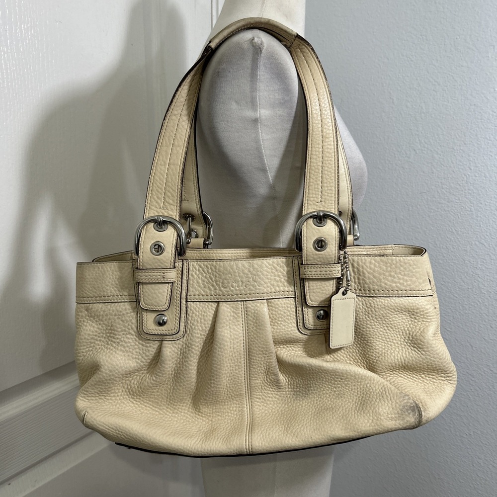Coach Legacy Tote Bag F13732 Cream Pebbled Leather Satchel Silver Hardware Purse